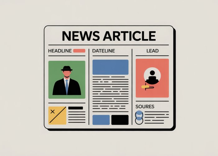 Diagram illustrating the key parts of a news article: Headline, Byline, Dateline, Lead, Body, and Sources.