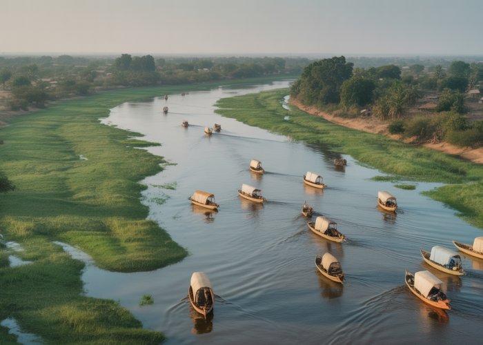 Aerial view of the Niger River in Nigeria with traditional fishing boats.