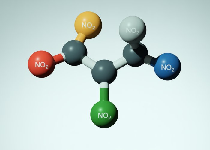 3D rendering of a nitrogen dioxide (NO2) molecule showing its chemical structure.