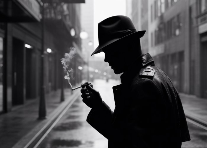 Silhouette of a detective in a rain-soaked alley, noir style