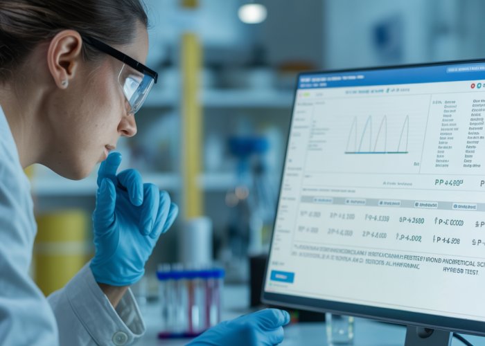 Laboratory technician analyzing statistical data related to a non-directional hypothesis test.