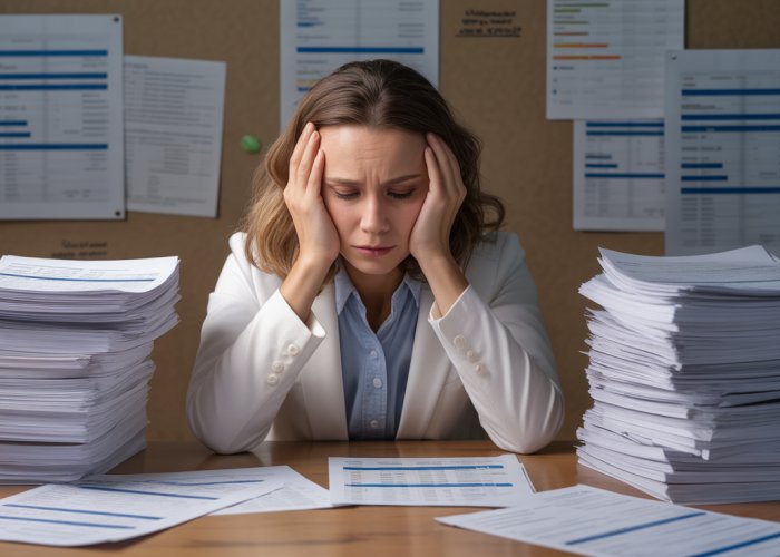 Frustrated researcher surrounded by questionnaires, highlighting the challenges of non-sampling errors in data collection.