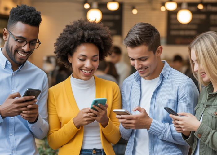Group of friends in a coffee shop looking at their phones, illustrating the impact of normative social influence.