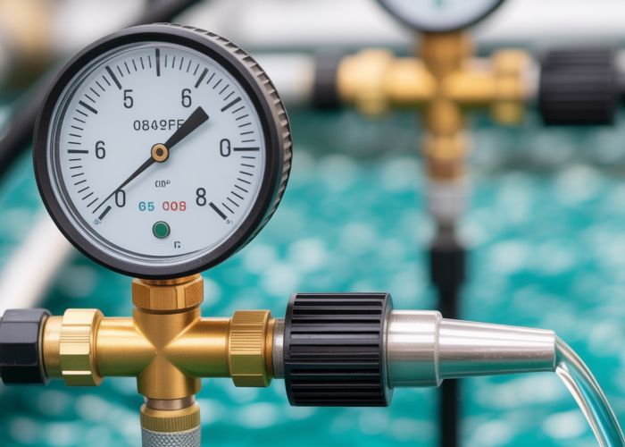 Close-up of a pressure gauge on a nozzle, illustrating the concept of nozzle pressure calculation.