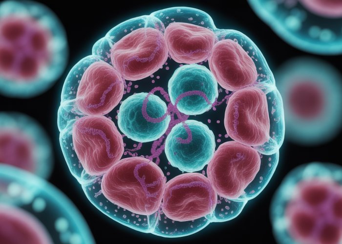 Microscopic view of the nuclear membrane reforming around chromosomes during telophase, with visible nuclear pores and spindle remnants.