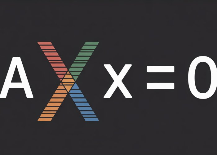 Diagram illustrating the null space formula Ax = 0, showing how matrix A transforms vectors in the null space to the zero vector.