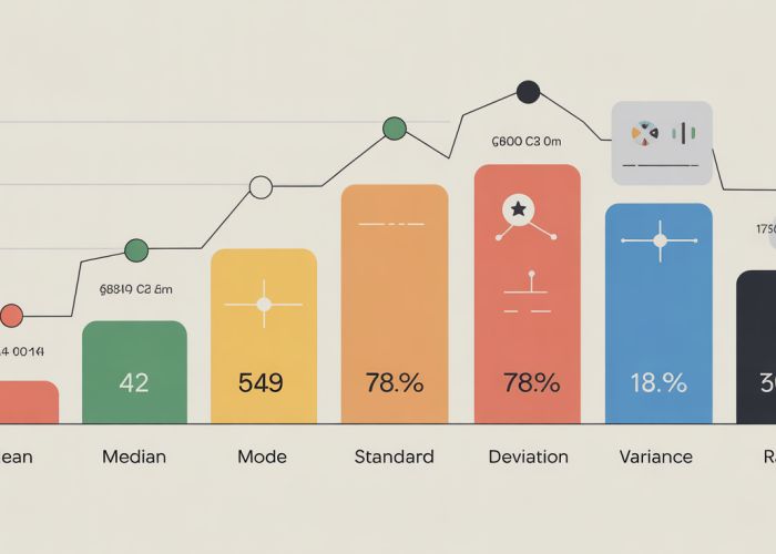 Infographic explaining numerical summary statistics like mean, median, mode, standard deviation, variance, quartiles, and range.