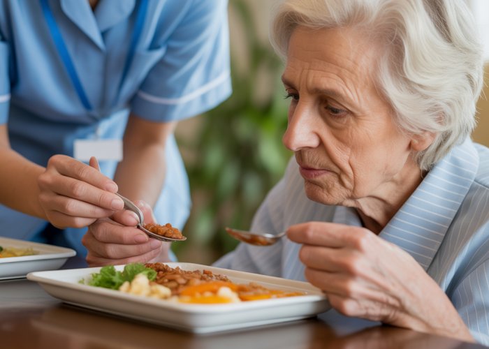Nurse helping elderly patient eat, representing a nursing diagnosis of malnutrition.