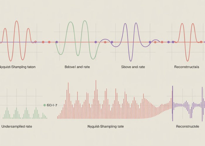 Illustration comparing signal reconstruction at different sampling rates, demonstrating aliasing when sampling below the Nyquist rate.