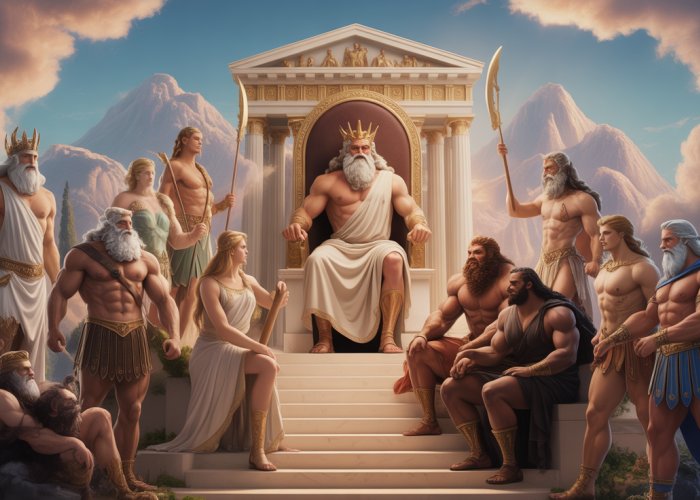 The Olympian Gods gathered on Mount Olympus: Zeus, Hera, Poseidon, Hades, Athena, Apollo, Artemis, Ares, Aphrodite, Hephaestus, Hermes, and Demeter.