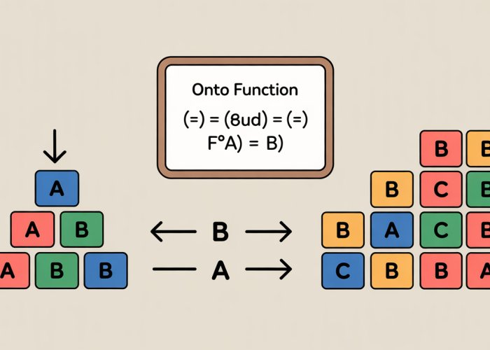 Illustration of an onto function showing two sets, A and B, where every element in B is mapped to by at least one element in A.