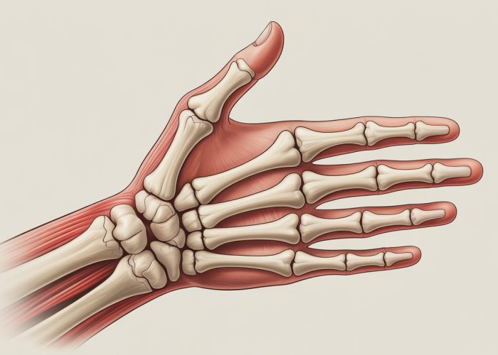 Anatomical illustration of a human hand showing the opposable thumb and its grasping function, highlighting the muscles, bones, and tendons involved.