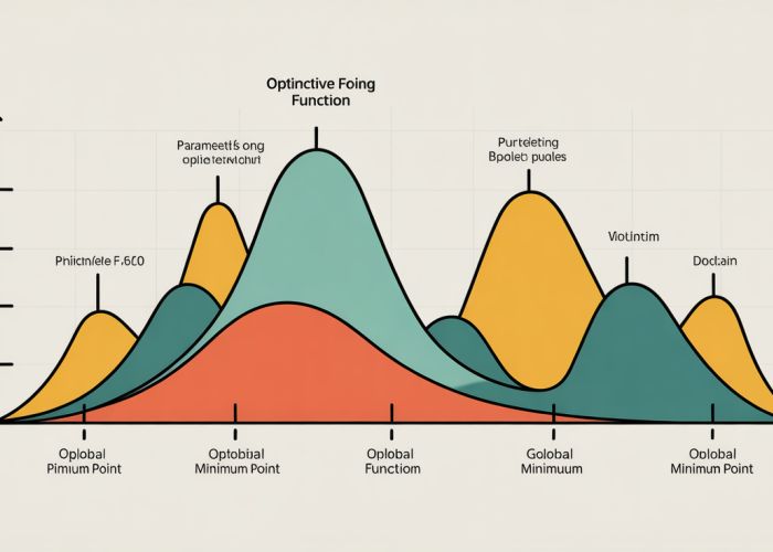 Landscape of an optimization objective function, showing hills (high values) and valleys (low values). A marker indicates the global minimum, the optimal solution.
