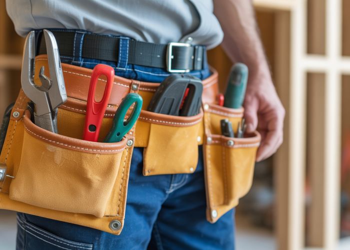 Carpenter wearing a meticulously organized tool belt, showcasing efficient tool placement for construction work.
