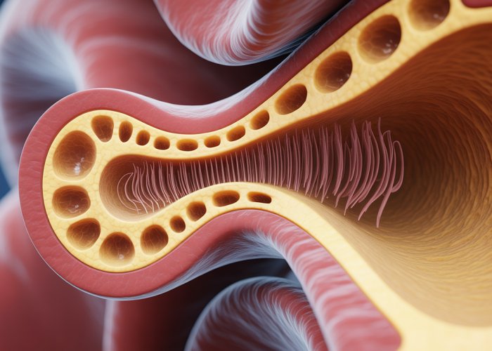 Microscopic view of the organ of Corti showing hair cells, supporting cells, and tectorial membrane.