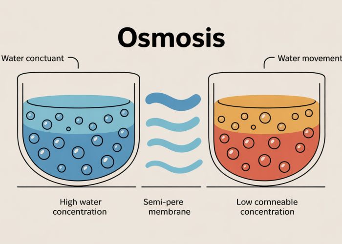 Diagram illustrating osmosis showing water movement across a semi-permeable membrane from a high water concentration area to a low water concentration area.
