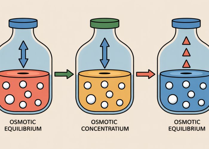 Diagram of osmotic equilibrium showing water movement across a semi-permeable membrane until concentrations are equal.