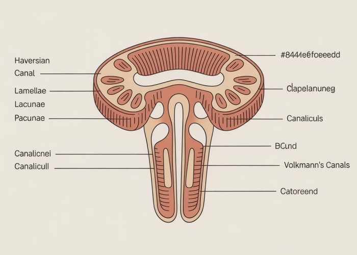 Detailed diagram of an osteon showing Haversian canal, lamellae, lacunae, and canaliculi.
