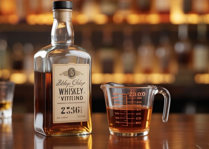 Close-up of a whiskey bottle and measuring cup showing the amount of ounces in a fifth (25.36 ounces).