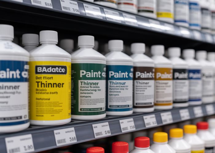 Selection of various paint thinner brands on a hardware store shelf.