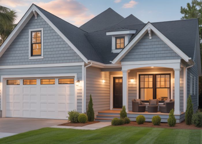 Modern home exterior with freshly painted Hardie Plank siding.