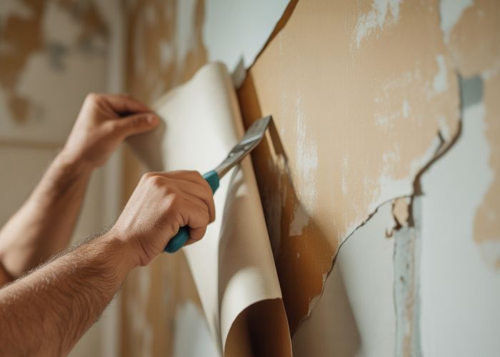 Close-up of hand peeling painted wallpaper from wall during DIY removal project.