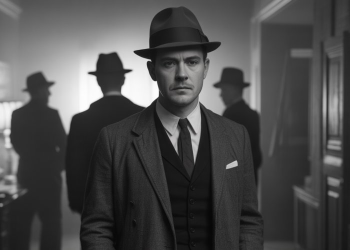 Black and white photo depicting a scene reminiscent of the Palmer Raids, with shadowy figures and a sense of fear.
