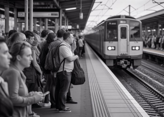 Crowded train platform with people waiting for a train, illustrating the concept of proximate cause in law.