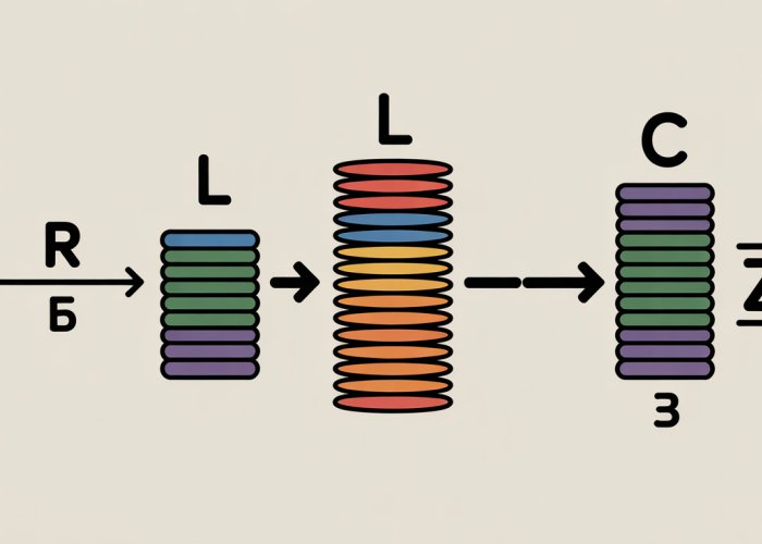 Diagram of a parallel circuit showing resistance (R), inductance (L), and capacitance (C) in parallel, with an equation illustrating how to calculate total impedance (Z).