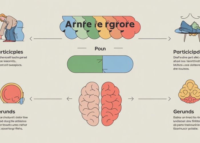 Infographic comparing participles and gerunds with examples of their usage.