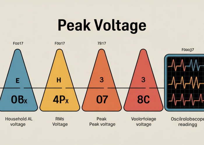 Infographic explaining the peak voltage formula: Vpeak = Vrms * √2, with a diagram showing the relationship between RMS voltage and peak voltage, and examples of household AC voltage and oscilloscope readings.