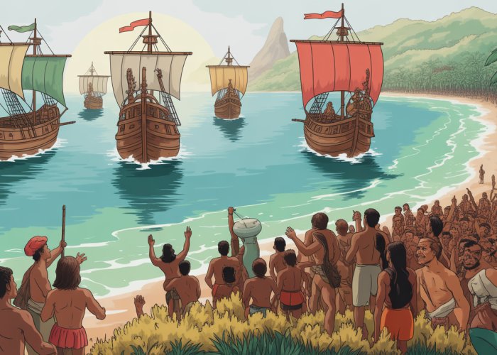 Pedro Álvares Cabral's ships arriving on the coast of Brazil in 1500, with indigenous people observing from the shore.
