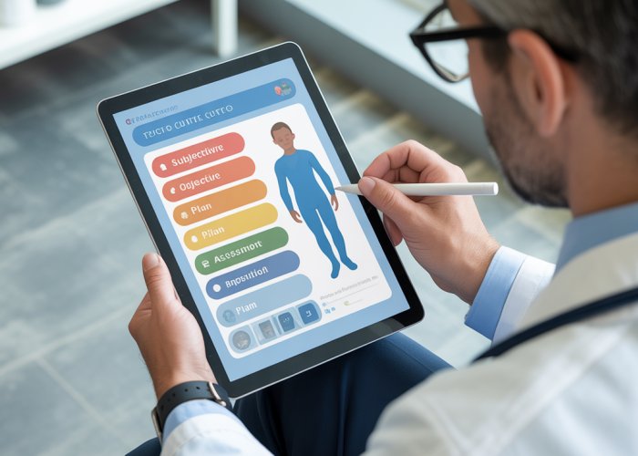 Doctor reviewing a Pediatric SOAP note on a tablet, highlighting Subjective, Objective, Assessment, and Plan sections.