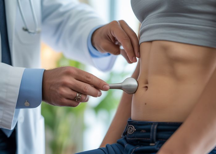 Doctor percussing patient's abdomen during medical examination