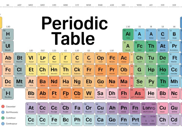 Color-coded periodic table highlighting the locations of different element groups: alkali metals, alkaline earth metals, transition metals, halogens, noble gases, lanthanides, and actinides.