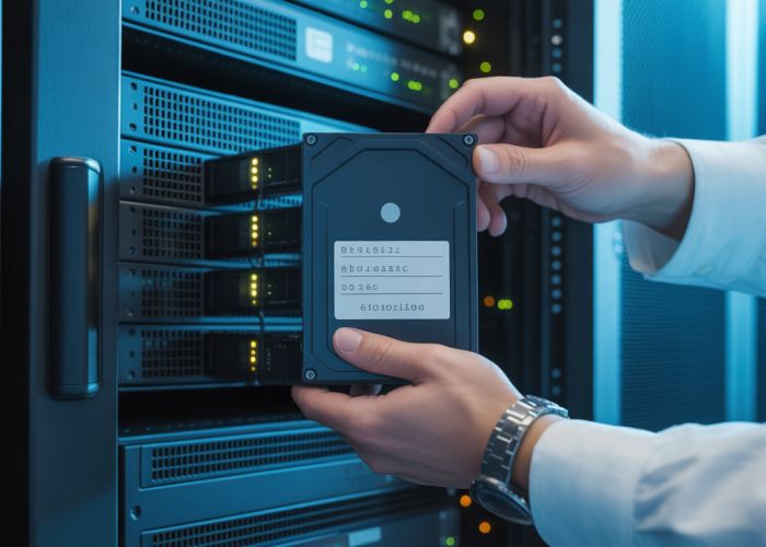 Data center technician securely storing a labelled hard drive representing permanent file storage.