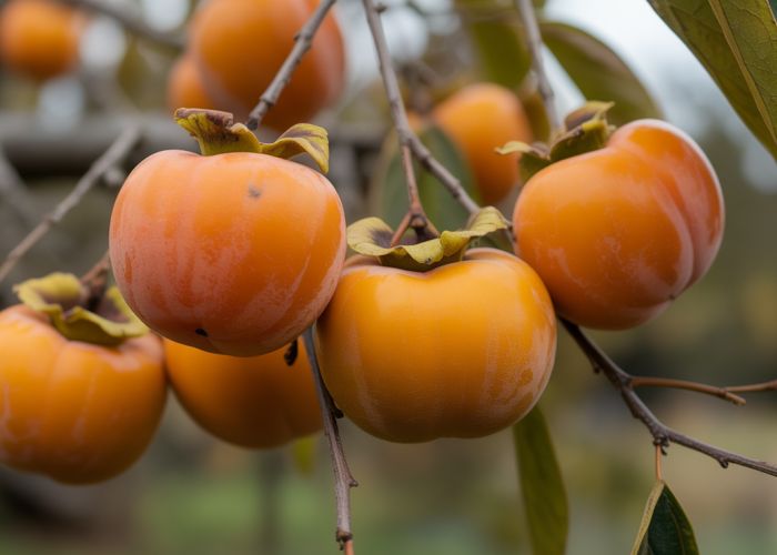 Ripe persimmons hanging on a branch, displaying a range of orange and reddish-orange colors.