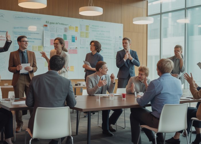 Diverse group of people debating in a modern conference room. Engaged in thoughtful discussion with a whiteboard filled with arguments.