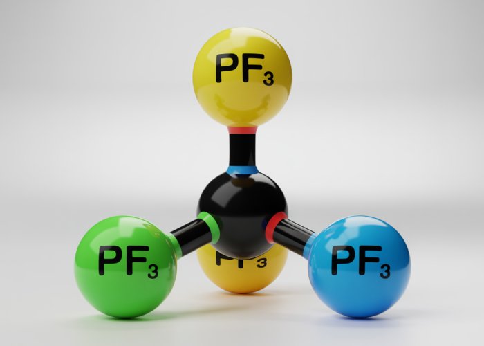 3D model of the PF3 (phosphorus trifluoride) molecule showing its trigonal pyramidal shape.