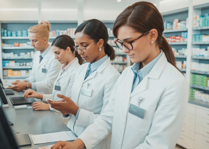 Pharmacy technicians collaborating behind the counter, showcasing essential teamwork skills.