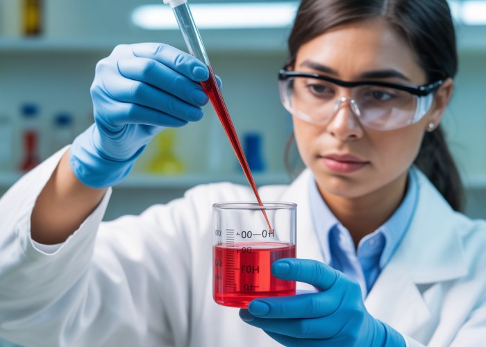 Chemist conducting a titration experiment using phenol red as an indicator, showing a color change in the solution.