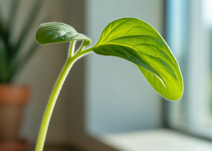 Seedling bending towards sunlight through a window demonstrating phototropism.