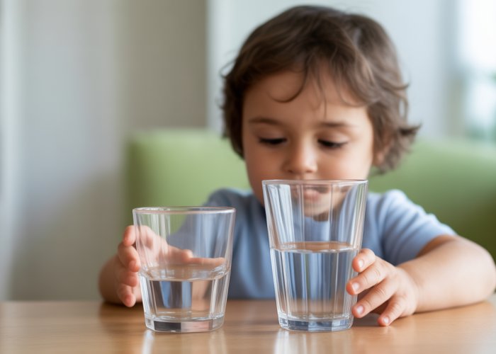 Young child participating in Piaget's conservation of liquid experiment, looking confused as they compare the amount of liquid in different sized glasses.