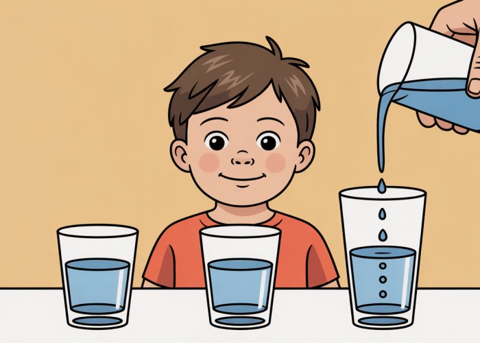 Child performing Piaget's conservation task, pouring water between glasses of different shapes.