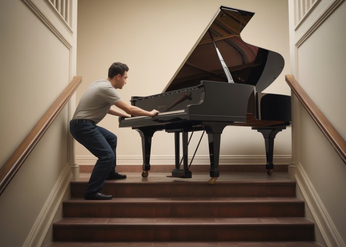 Man struggling to carry a heavy grand piano up stairs.