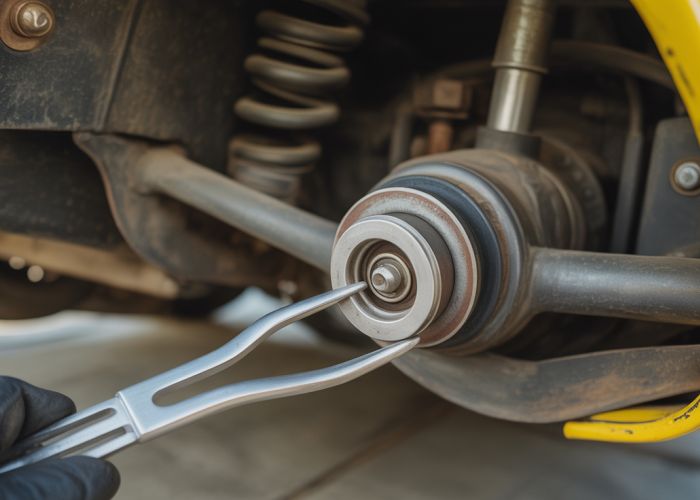 Pickle fork separating a ball joint on a car's suspension.