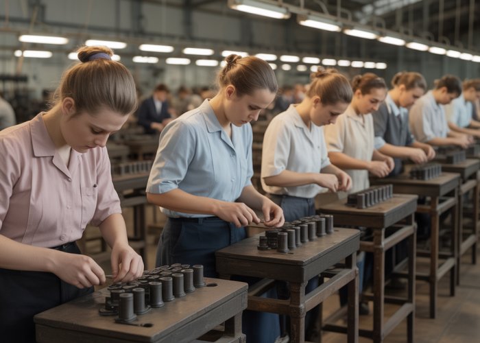 Historical image of workers performing piece work in a factory, showcasing individual tasks and repetitive labor.