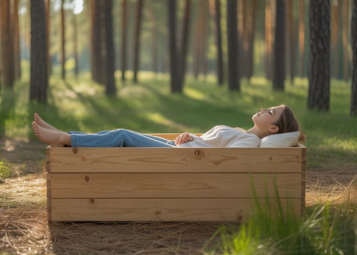 Person relaxing in a pine box in a sun-drenched forest, experiencing the benefits of pine box treatment.