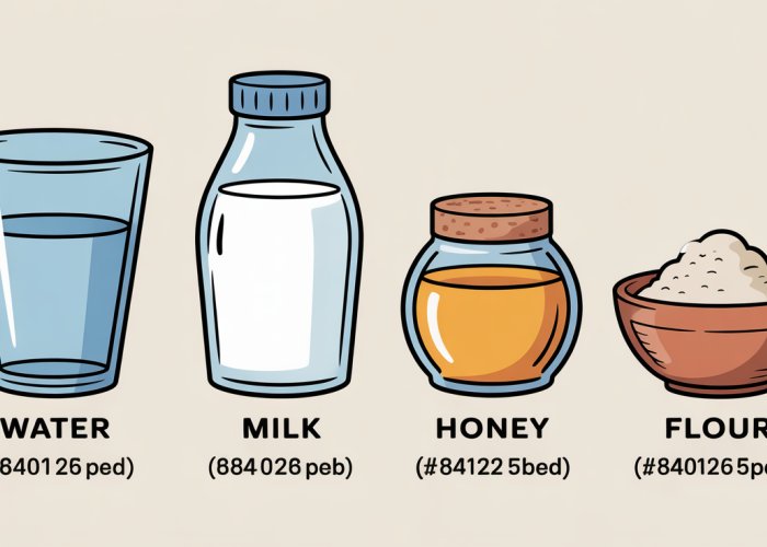Infographic showing the conversion from pints to pounds for water, milk, honey, and flour.