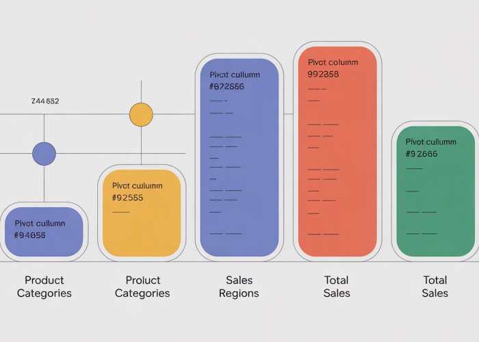 Spreadsheet showing a pivot table with 'Product Category' as the pivot column, 'Sales Region' as the column header, and 'Total Sales' as the values. Highlights the 'Product Category' column to demonstrate its role.